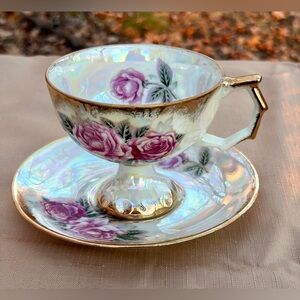 Vintage Lefton Exclusives Hand Painted Roses Tea Cup & Saucer Japan Lusterware